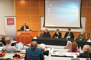 The Center for Media at Risk’s December 2018 symposium, “Red Lines: Cartooning at Risk.” Three political cartoonists and an organizer/writer who focuses on cartoonists’ rights participate in a Q&A session.