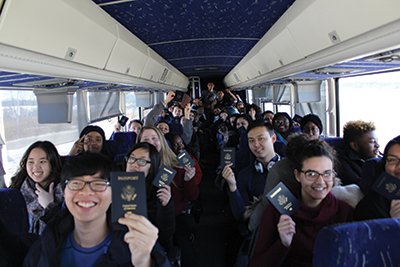 Lehigh students in the Passport for Success program aboard a bus for a weekend visit to Montreal, Canada.