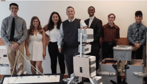 The second cohort of the Molding Identity and Raising Retention through Opportunities for Reflection in STEM with the “walk on water” designs they built and tested at John Caroll University. 