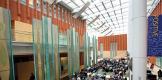 Photo of students in the Michigan Ross Wintergarden building