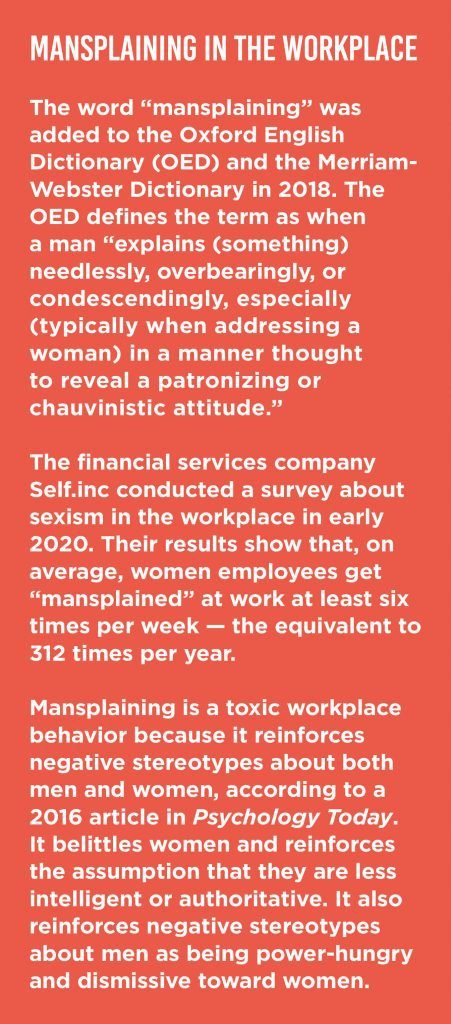 Text box describing what "mansplaining" is and why it can be harmful in the workplace.
