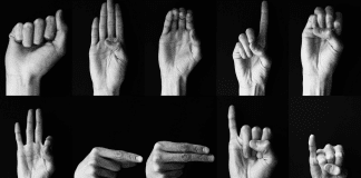 Black and white photos of hands making the signs of the American Sign Language alphabet