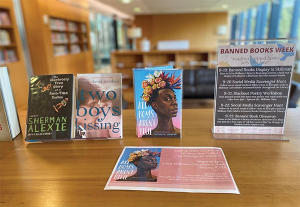 At Lafayette College, more than 100 copies of “All Boys Aren’t Blue” by George M. Johnson, and other books identified as the most banned books in America are available as part of banned books library programming. (Photo courtesy of Lafayette College)